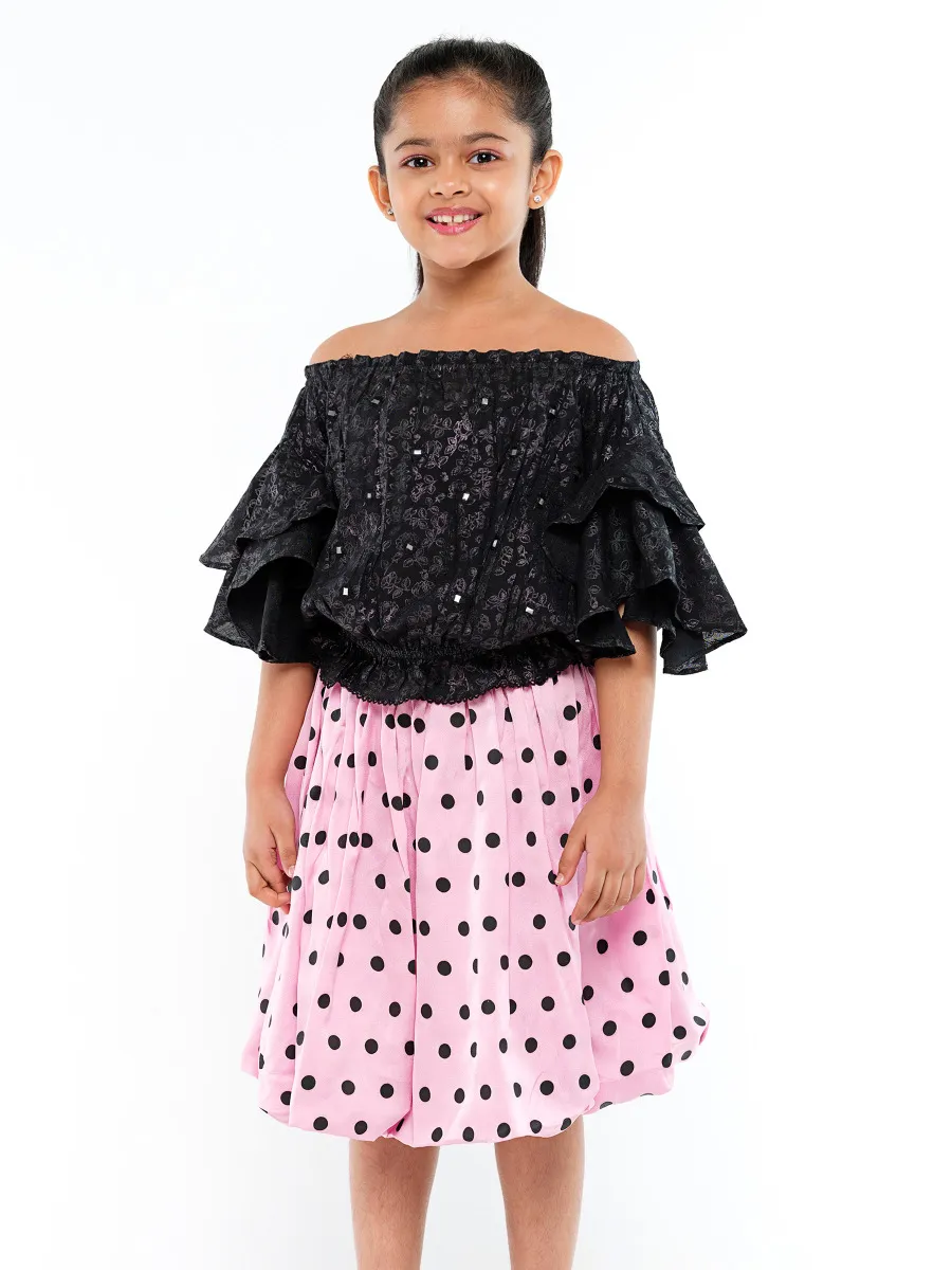 Black Printed Mixed Cotton Party Skirt Top Set